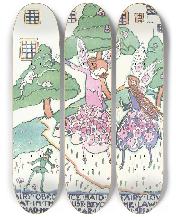 Triptych art skateboard deck of Jessie Marion King Mummys Bedtime Story Book Pl16 by Jessie Marion King (1875-1949)