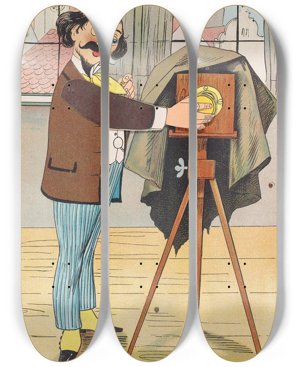 Triptych art skateboard deck of Lothar Meggendorfer Lustiges Automatentheater Pl 6 by Lothar Meggendorfer (1847-1925)