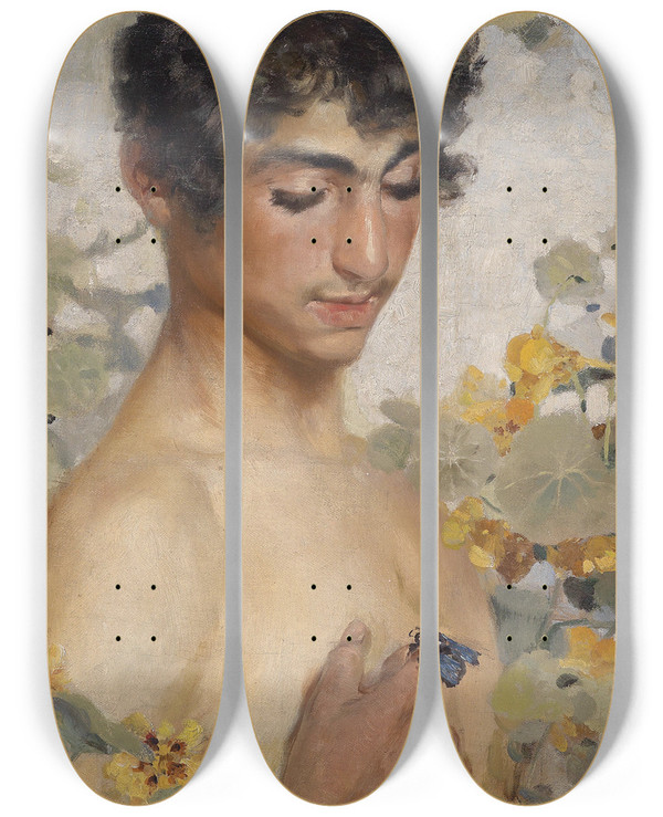 Triptych art skateboard deck of Sebastian Lucius Die Hummel by Sebastian Lucius (1881-1920)