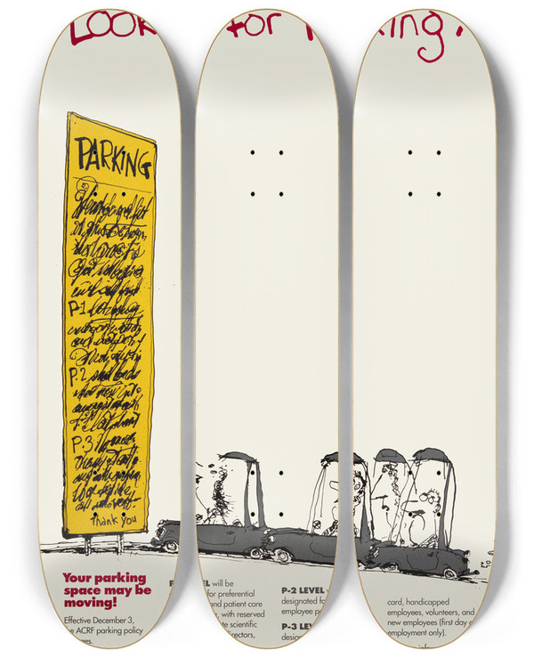 Triptych art skateboard deck of National Institutes Of Health Looking For Parking by National Institutes Of Health (1887)