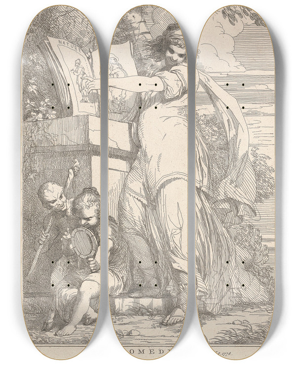 Triptych art skateboard deck of John Hamilton Mortimer Comedy_2 by John Hamilton Mortimer (1740-1779)