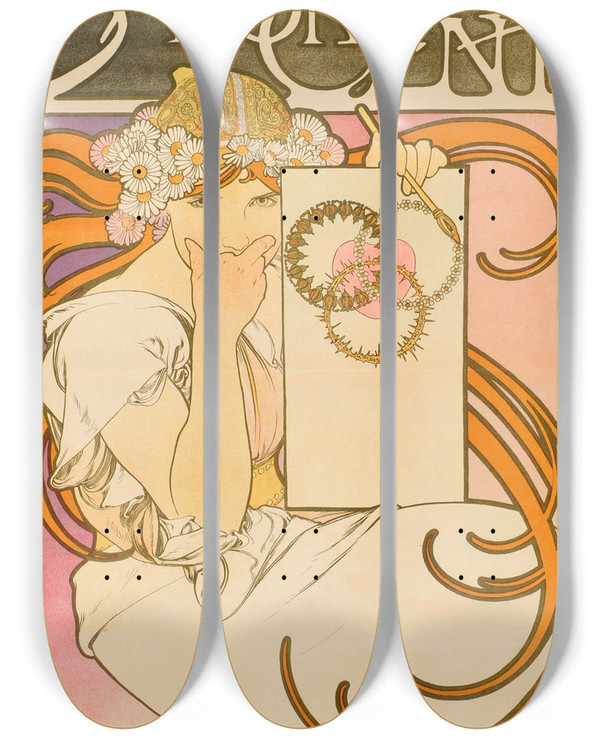 Triptych art skateboard deck of Alphonse Mucha Salon Des Cent June by Alphonse Mucha (1860-1939)