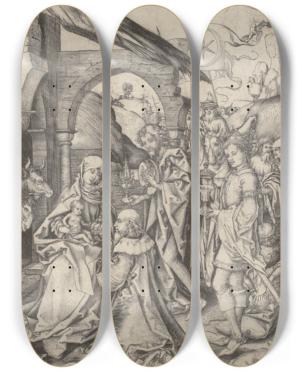 Triptych art skateboard deck of Martin Schongauer The Adoration Of The Magi by Martin Schongauer (1435-1491)