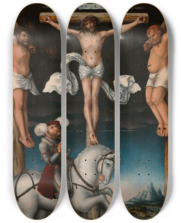 Triptych art skateboard deck of Lucas Cranach The Elder The Crucifixion With The Convertedcenturion by Lucas Cranach The Elder (1472-1553)
