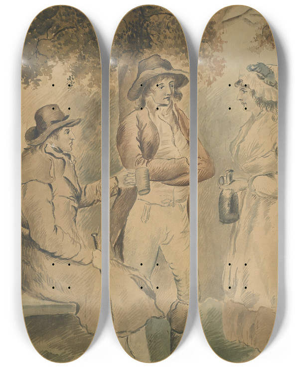 Triptych art skateboard deck of George Morland Three Figures And A Dog by George Morland (1763-1804)