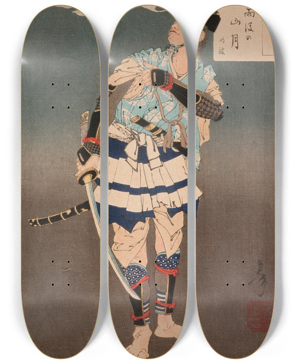 Triptych art skateboard deck of Tsukioka Yoshitoshi Soga No Gor Tokimune Viewing The Moon After Rain In The Mountains by Tsukioka Yoshitoshi (1839-1892)