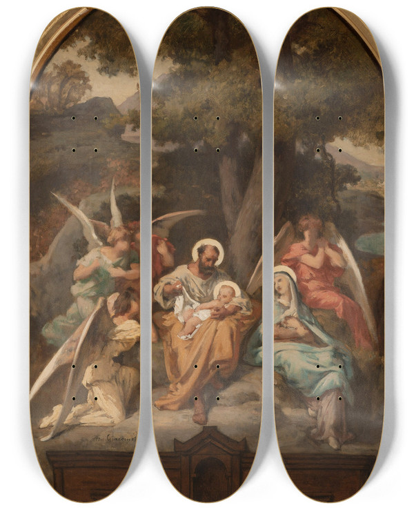 Triptych art skateboard deck of Felixhenri Giacomotti Le Repos De La Sainte Famille by Felix-Henri Giacomotti (1828-1909)