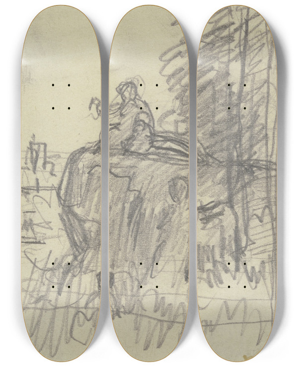 Triptych art skateboard deck of Philipp Rumpf Figuren In Einer Landschaft by Philipp Rumpf (1821-1896)