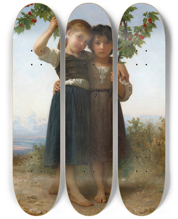 Triptych art skateboard deck of William Bouguereau The Cherry Branch by William Bouguereau (1825-1905)