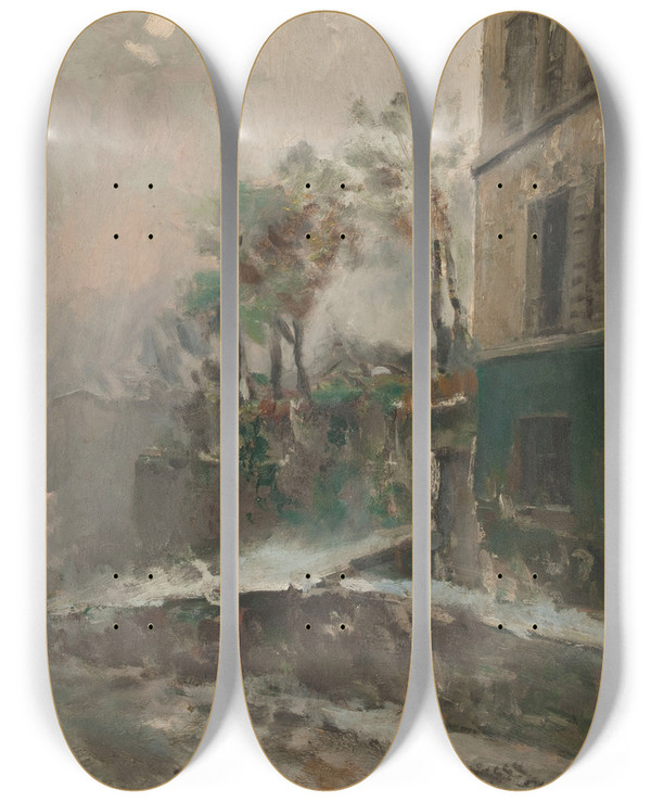 Triptych art skateboard deck of Pierre Jacques Pelletier Rue De Montmartre Sous La Neige by Pierre Jacques Pelletier (1869-1931)