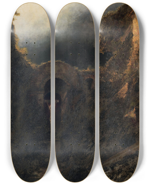 Triptych art skateboard deck of Karl Wilhelm Diefenbach The Priors Chapel Crucifix Among The Ruins by Karl Wilhelm Diefenbach (1851-1913)