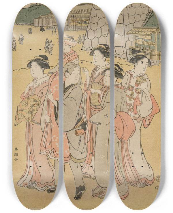 Triptych art skateboard deck of Katsukawa Shunch Women Accompanying A Girl To A Shrine by Katsukawa Shuncho (1783-1795)