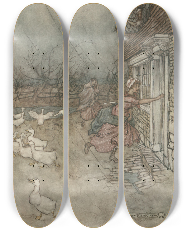Triptych art skateboard deck of Arthur Rackham The Rain Always Made A Point Of Setting In Just As He Had Some Outdoor Work To Do by Arthur Rackham (1867-1939)
