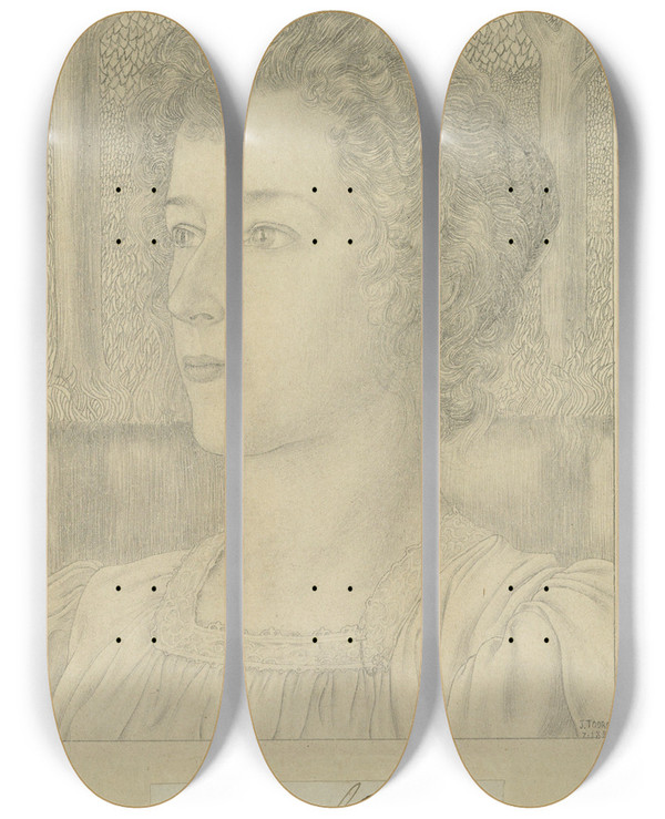 Triptych art skateboard deck of Jan Toorop Portret Van Mejuffrouw M Snijder Van Wissenkerke Met Op De Achtergrond Een Weide Met Bomen by Jan Toorop (1858-1928)