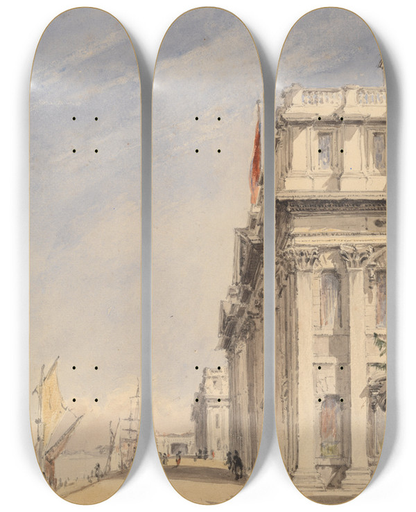 Triptych art skateboard deck of James Holland The Facade Of The Royal Naval College Greenwich by James Holland (1800-1870)
