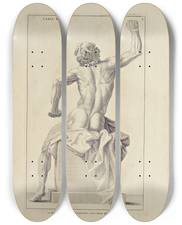 Triptych art skateboard deck of Michael Van Der Gucht Anatomy Improvd And Illustrated With Regard To The Uses Thereof In Designing Pl29 by Michael van der Gucht (1660-1725)
