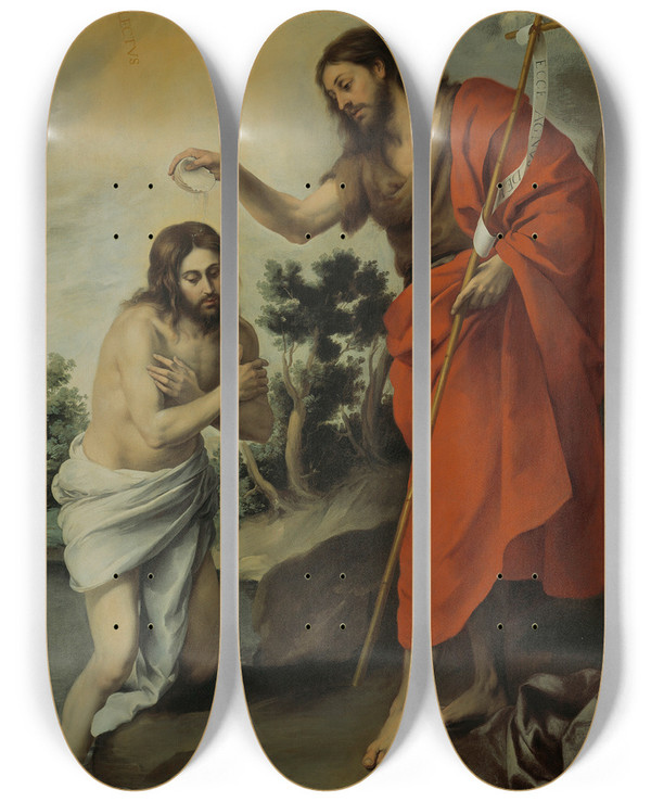Triptych art skateboard deck of Bartolom Estebn Murillo The Baptism Of Christ by Bartolome Esteban Murillo (1617-1682)
