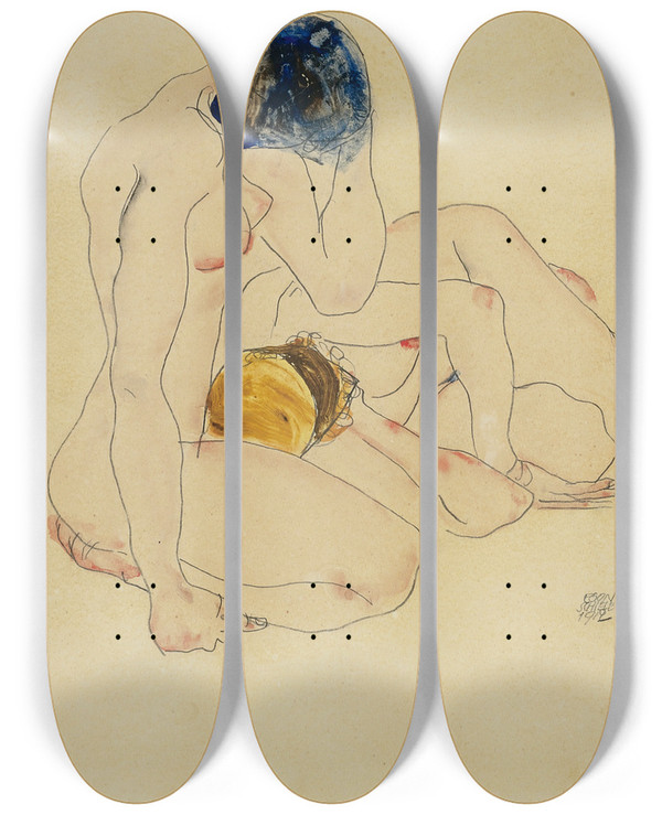 Triptych art skateboard deck of Egon Schiele Zwei Freundinnen Two Friends_1 by Egon Schiele (1890-1918)
