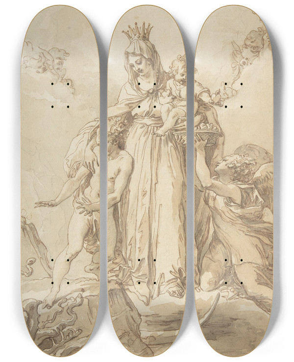 Triptych art skateboard deck of Giuseppe Cades The Virgin Immaculate With The Christ Child by Giuseppe Cades (1750-1799)