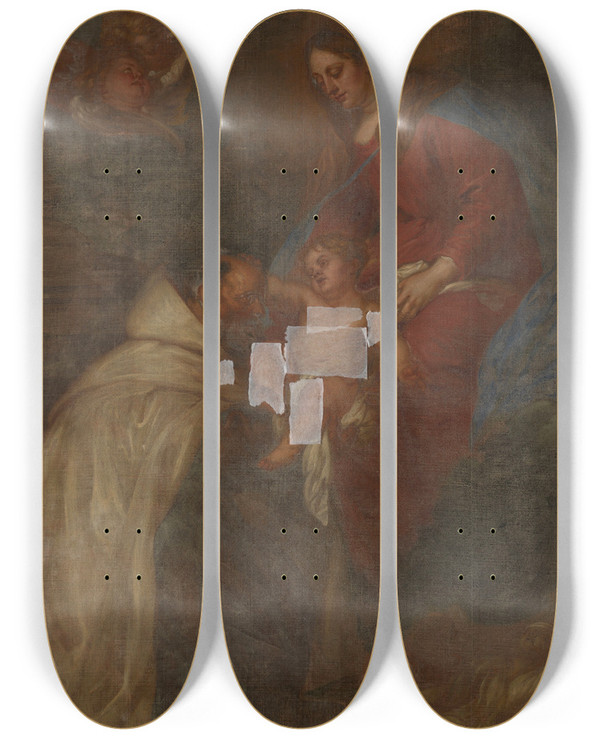 Triptych art skateboard deck of Lucas Franchoys The Younger Madonna Appears To Saint Simon Stock by Lucas Franchoys The Younger (1616-1681)