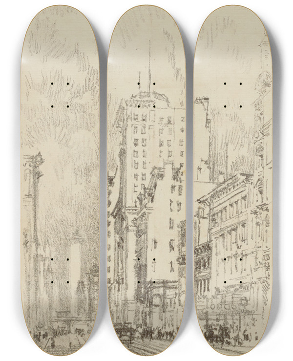 Triptych art skateboard deck of Joseph Pennell Broadway Above 23Rd Street by Joseph Pennell (1857-1926)