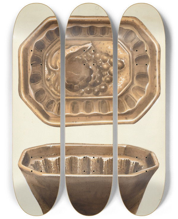Triptych art skateboard deck of Howard H Sherman Crockery Mold by Howard H Sherman
