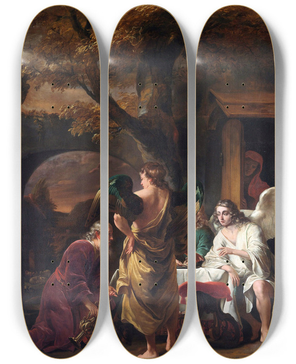 Triptych art skateboard deck of Ferdinand Bol Abraham Entertaining The Three Angels by Ferdinand Bol (1616-1680)