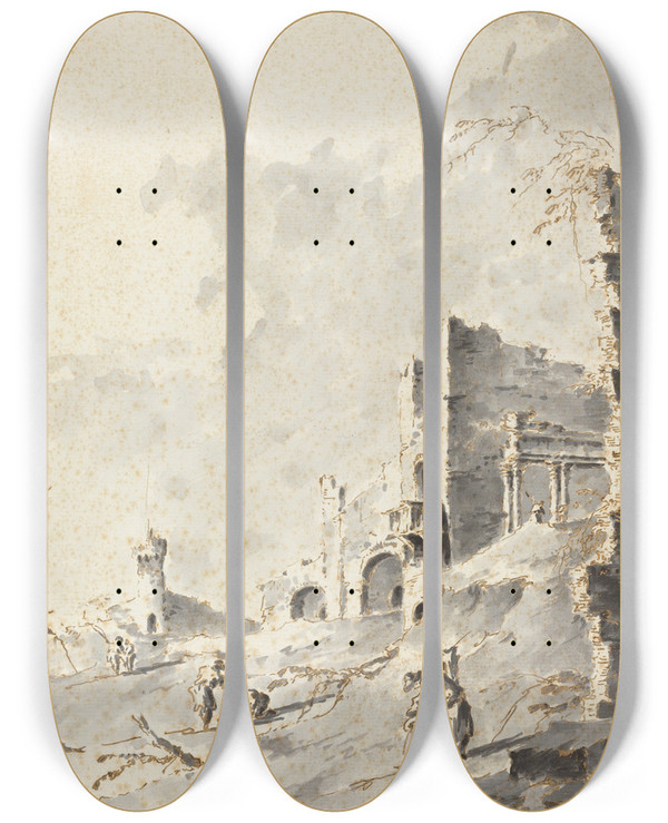 Triptych art skateboard deck of Giacomo Guardi Capriccio Of Classical Ruins With A Fortress by Giacomo Guardi (1764-1835)