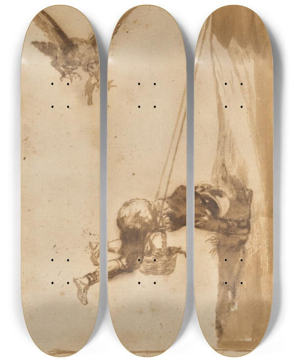 Triptych art skateboard deck of Francisco De Goya The Eagle Hunter by Francisco de Goya (1746-1828)