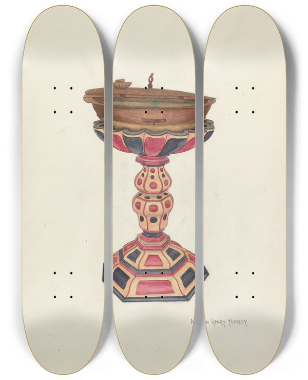 Triptych art skateboard deck of Nh Yeckley Baptismal Font And Stand by N.H. Yeckley