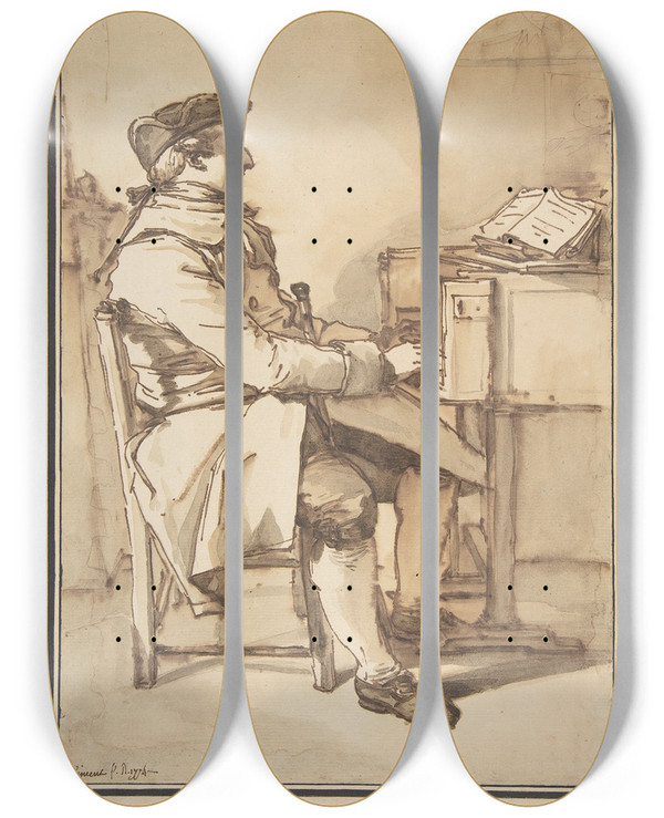 Triptych art skateboard deck of Franoisandr Vincent Man Seated At A Keyboard Instrument by Franois-Andr Vincent (1746-1816)