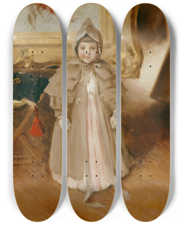 Triptych art skateboard deck of William Merritt Chase My Little Daughter Dorothy by William Merritt Chase (1849-1916)