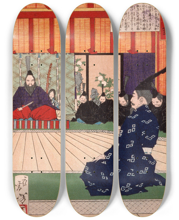 Triptych art skateboard deck of Tsukioka Yoshitoshi Tawara Tda Hidesato In Audience With The Emperor by Tsukioka Yoshitoshi (1839-1892)