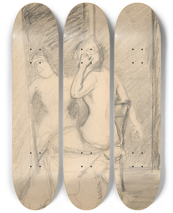 Triptych art skateboard deck of Cyprin Majernk At A Mirror by Cyprian Majernik (1909-1945)