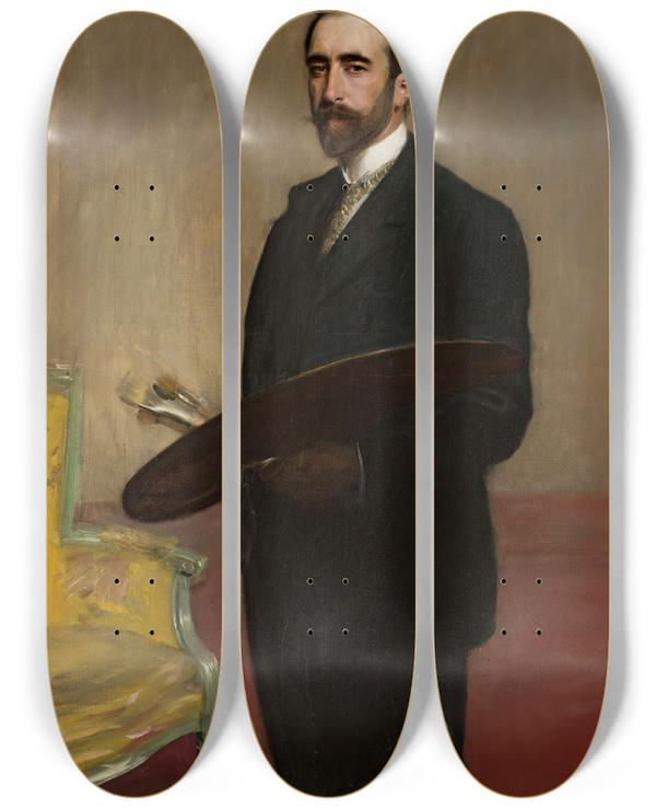 Triptych art skateboard deck of Teodor Axentowicz Selfportrait With Palette by Teodor Axentowicz (1859-1938)