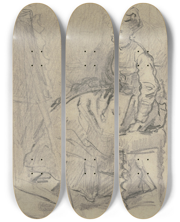 Triptych art skateboard deck of Philipp Rumpf Frau Vor Der Staffelei Sitzend by Philipp Rumpf (1821-1896)