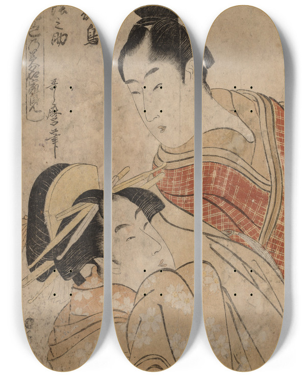 Triptych art skateboard deck of Kitagawa Utamaro Making Love by Kitagawa Utamaro (1753-1806)