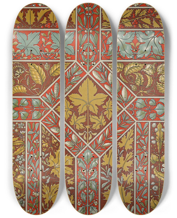 Triptych art skateboard deck of Anton Seder Die Pflanze In Kunst Und Gewerbe Pl056 by Anton Seder (1850-1916)