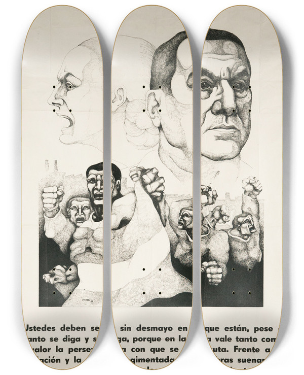 Triptych art skateboard deck of Ricardo Carpani Afiche Federacin Grfica Bonaerense De 1973 by Ricardo Carpani (1930-1997)