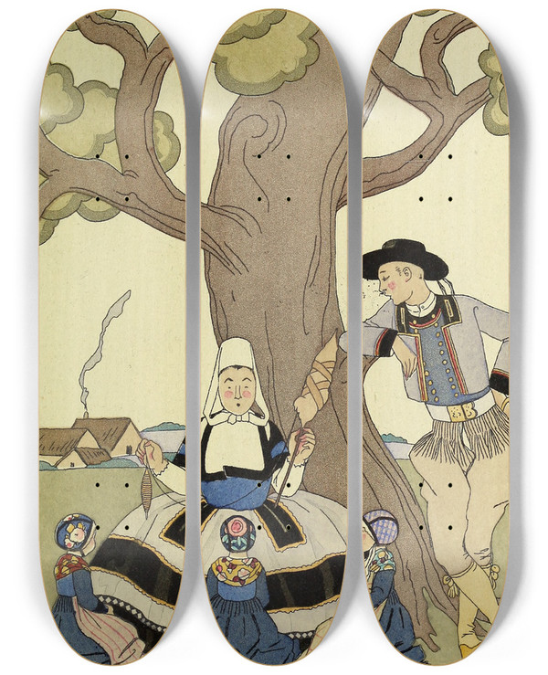 Triptych art skateboard deck of George Barbier Falbalas Et Fanfreluches Il Tait Une Fois by George Barbier (1882-1932)