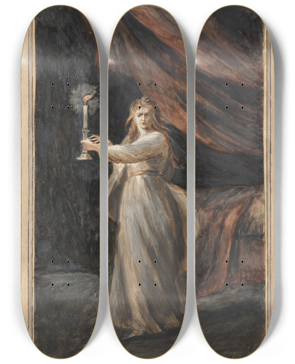 Triptych art skateboard deck of Mary Hoare Lady Macbeth Sleepwalking by Mary Hoare (1753-1820)