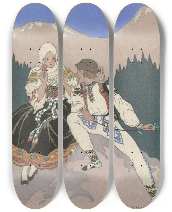 Triptych art skateboard deck of George Barbier Le Langage Des Fleurs by George Barbier (1882-1932)