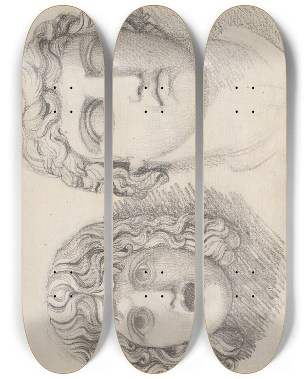 Triptych art skateboard deck of John Flaxman A Roman Tragic Mask And A Male Head by John Flaxman (1755-1826)