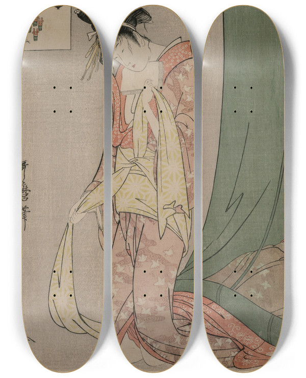 Triptych art skateboard deck of Kitagawa Utamaro Hanagi Of Giya From The Series Picture Puzzles by Kitagawa Utamaro (1753-1806)