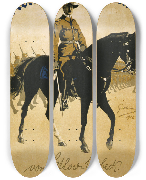 Triptych art skateboard deck of Fritz Grotemeyer Kolonialkriegerspende Von Lettowvorbeck by Fritz Grotemeyer (1864-1947)