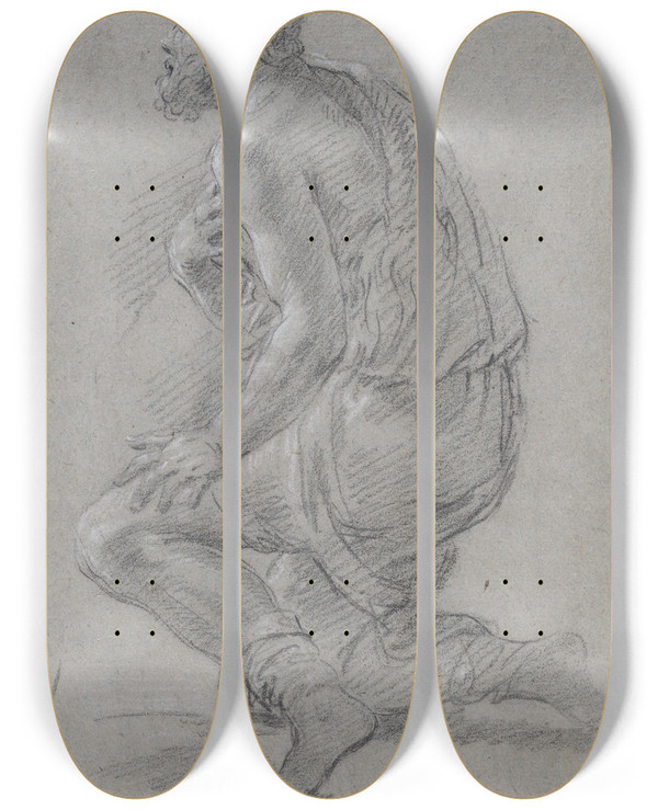 Triptych art skateboard deck of Giacomo Zoboli Study Of Male Figure Kneeling In A Threequarter View Facing Left A Shepherd by Giacomo Zoboli (1681-1767)