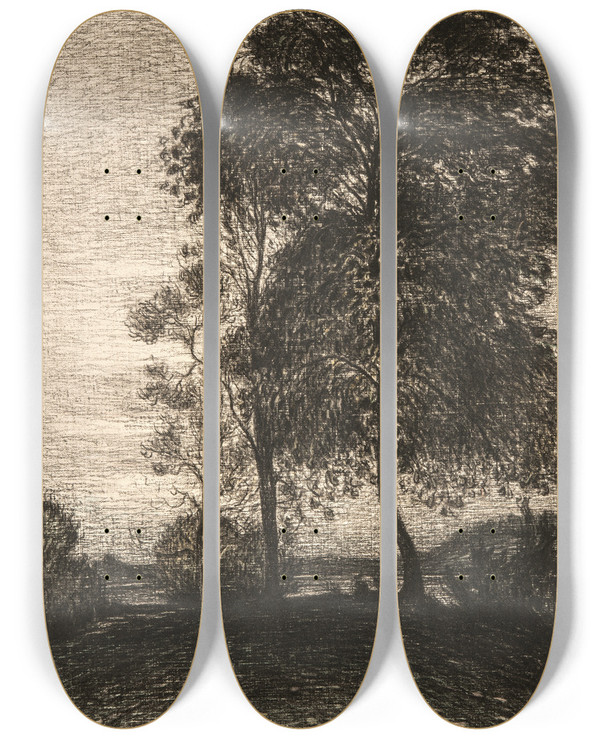 Triptych art skateboard deck of Karl Nordstrm Landscape At Dusk With Trees by Karl Nordstrom (1855-1923)