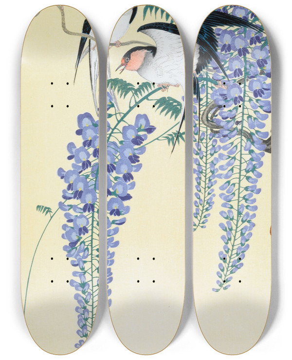 Triptych art skateboard deck of Ohara Koson Swallows And Wisteria by Ohara Koson (1877-1945)