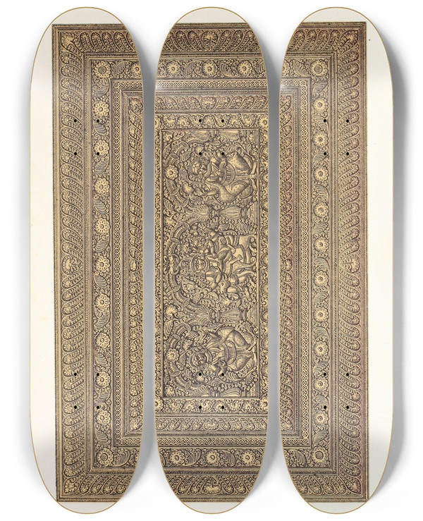Triptych art skateboard deck of John Charles Robinson Lid Of A Casket In Carved Sandalwood by John Charles Robinson (1824-1913)