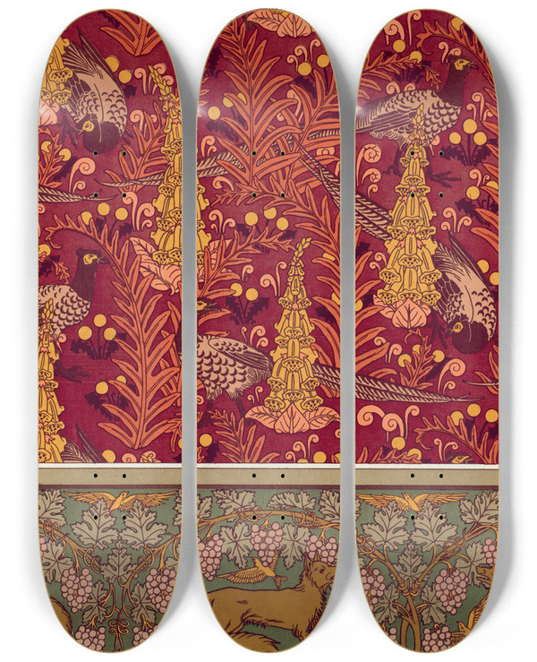 Triptych art skateboard deck of Maurice Pillard Verneuil Faisans Ordinaires Digitales Fougres Et Pissenlit Toffe Imprime Renard Oiseaux Et Vigne Bordure by Maurice Pillard Verneuil (1869-1942)